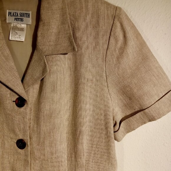 Women's LINEN Dress sz 10 Tan Button-front Short-sleeve Vintage 90's MIDI - Picture 7 of 12
